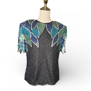 Vintage Laurence Kazar New York Embellished Sequin Silk‎ Blouse Top M peacock